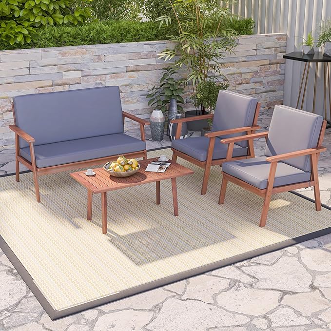 Tangkula 4 Piece Outdoor Conversation Set, Acacia Wood Sofa Set with Soft Seat & Back Cushions, Rectangle Coffee Table Patio Wood Furniture Set for Backyard, Poolside, Garden (1, Gray)