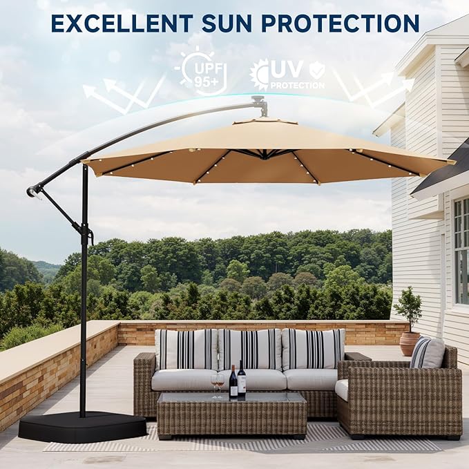 10FT 40-LED Solar Lighted Patio Umbrella with Base Included, Outdoor Offset Cantilever Umbrella, Infinite Tilt, UV Protection for Backyard, Lawn, Garden & Pool
