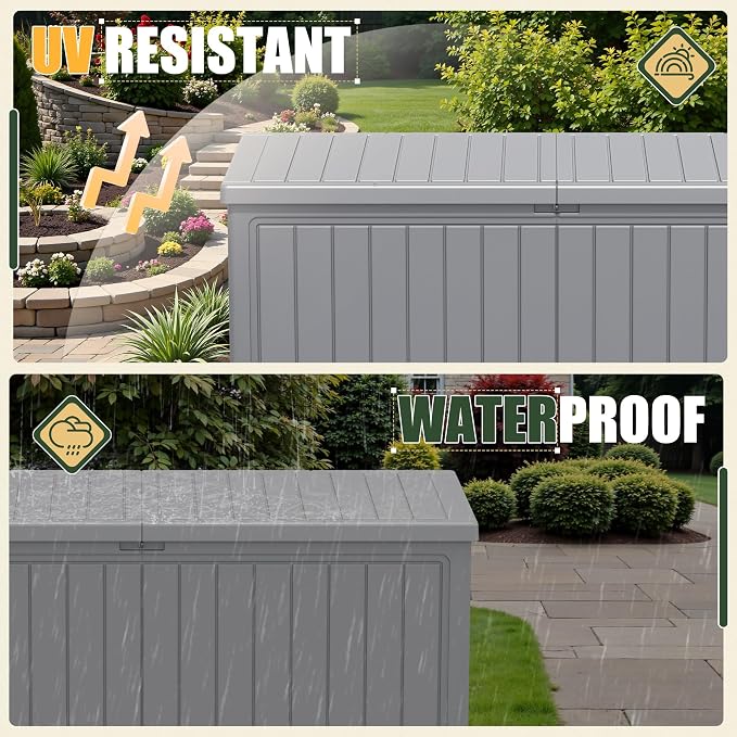 JUMMICO 270 Gallon Outdoor Storage Deck Box with Divider, Double Wall Storage Box with Lockable Lid for Garden Tools, Pools Supplies (Gray)