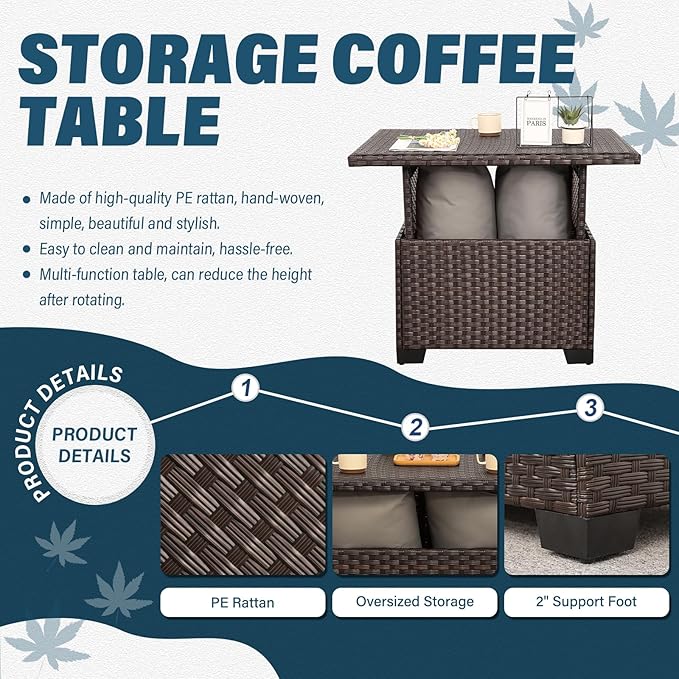 9 Pieces Wicker Patio Furniture Set Outdoor PE Rattan Sectional Conversation Sofa Set with Peacock Blue Cushions and Storage Table