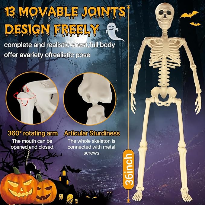 HBSTK 2 Pack 36 Inches Motion&Sound Activated Moving Jaw&Speaking&Glowing Eyes Pose-N-Stay Halloween Skeleton Life Size Full Body Posable Movable Jonints Halloween Decoration Décor