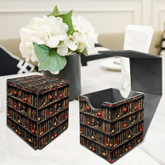 Red Library Books Card Deck Box for MTG, Personalized Card Storage Case Fits 120+ Sleeved Cards, Premium Leather TCG Box with Strong Magnetic Closure for Magic, CCG, PTCG, Baseball Cards