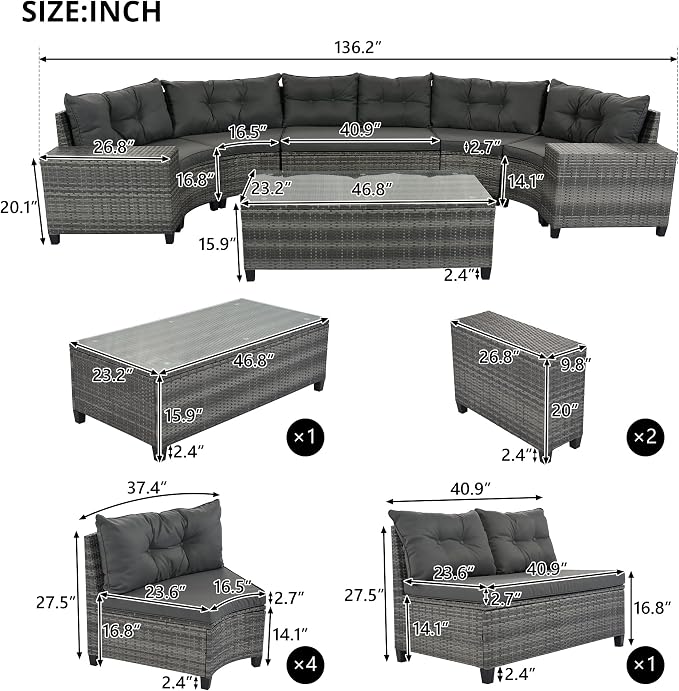 8-pieces Outdoor Patio Half-Moon Sectional Sofa Sets With Rectangular Coffee Table, All Weather PE Rattan Wicker Curved Sofa Set, Water-resistant and UV Protected Conversation Sets (Gray 8-piecesr)