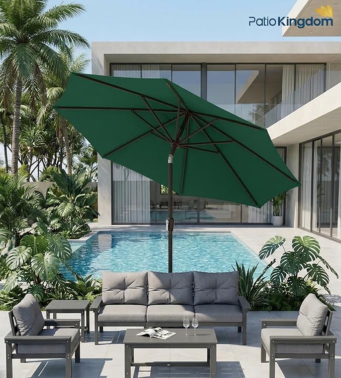 PatioKingdom 9FT Patio Outdoor Umbrella-UPF 50+ Sun Shade with Wind Vent, Push-Button Tilt & Smooth Crank Lift, Rust-Resistant Fiberglass Frame for Garden, Backyard,Yard (Dark Green)