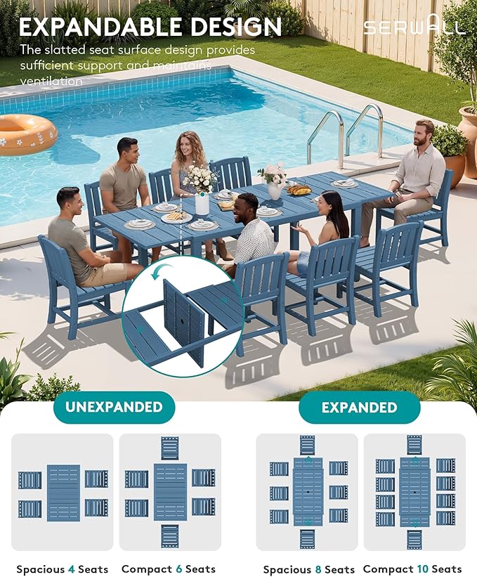 SERWALL Outdoor Expandable Dining Table 60" - 83", Blue | Patio Dining Table for 4-8 People, All Weather HDPE and Aluminum Outdoor Furniture