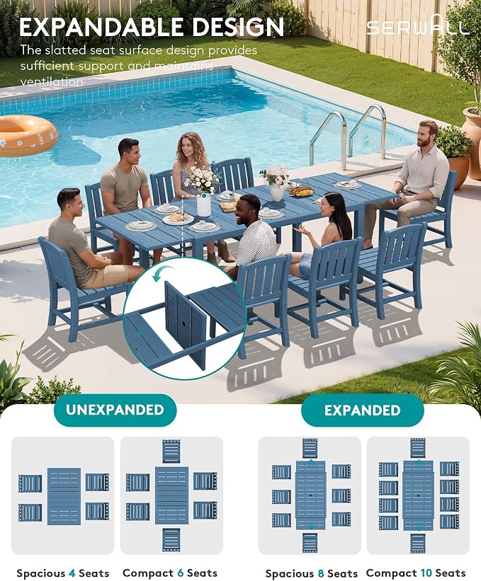 SERWALL 10-Piece Patio Dining Sets with 15FT Patio Umbrella, Blue | 60" - 83" Expandable Outdoor Dining Table and 8 HDPE Chairs, All Weather HDPE Outdoor Furniture Set