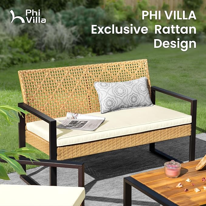 PHI VILLA Wicker Patio Furniture Set for 4, Rattan Small Patio Loveseat and Chairs with Acacia Wood Coffee Table, Outdoor Conversation Set with Cushion, Front Porch Furniture for Deck, Yard, Garden