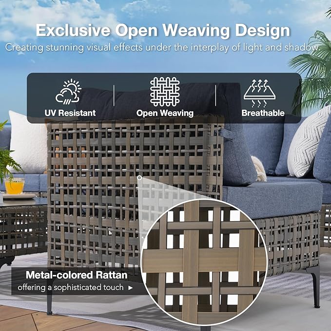 Patiorama 8 Piece Wicker Patio Furniture Set with 45” Fire Pit Table, Metal-Colored PE Rattan Outdoor Sectional Sofa, 50000 BTU Propane Fire Pit w/Wind Guard,Cover,Water Resistant Cushion-Denim Blue