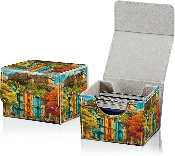 Card Deck Box for MTG, Cards Storage Box Fits 120+ Sleeved, Leather Small Size Strong Magnetic Closing Card Case for Board Games Magic TCG CCG Baseball Collection, Castle Maple Tree