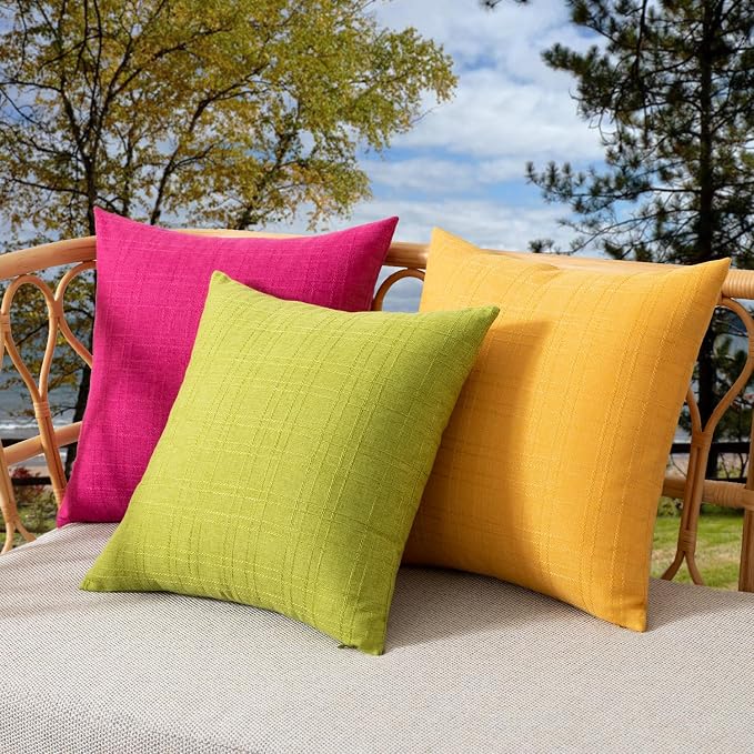 Kevin Textile Outdoor Waterproof 24”x24” Pillow Covers 2 Pack, Hot Pink | Water Resistant, Soft Faux Linen-cotton Yarn-dyed Woven Texture Throw Pillow Covers for Tent Patio Garden Couch Sofa