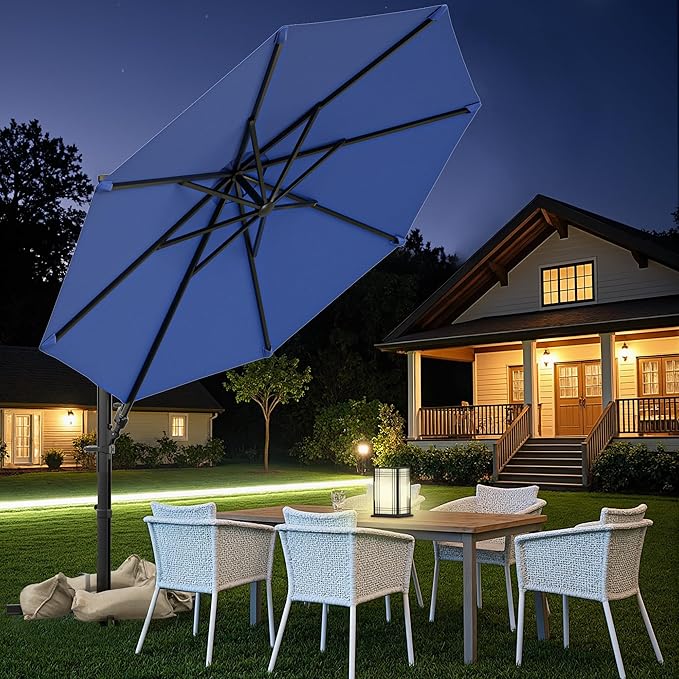Greesum 10FT Outdoor Patio Umbrella with High Pedel and 4 Gear Heights, Large Offset Market Umbrella with 360-degree Rotation, Without Base, Hanging Outdoor Shade for Garden, Lawn, Pool, Deep Blue