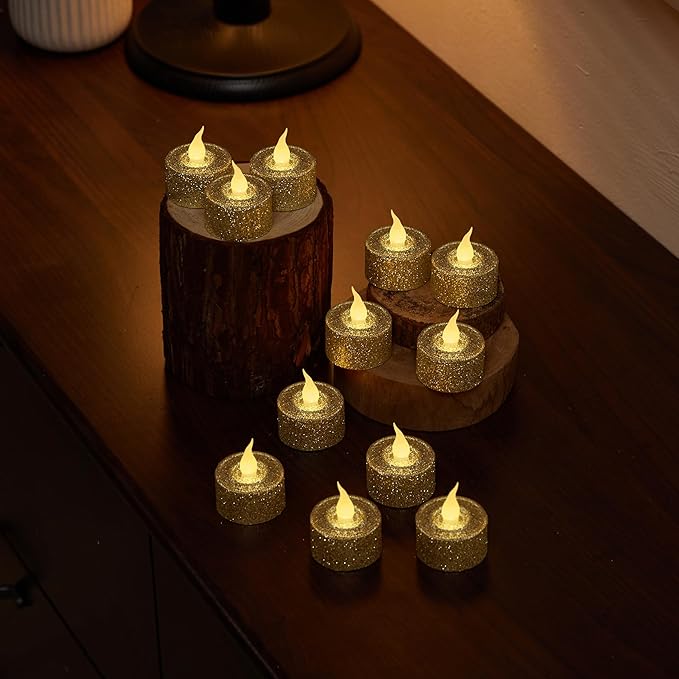 FURORA LIGHTING Gold Glitter LED Tealight Candles Pack of 12, Flameless Flickering Tealight Candles for Home Décor, 1.5’’(W) x 1.65’’(H), Battery Operated