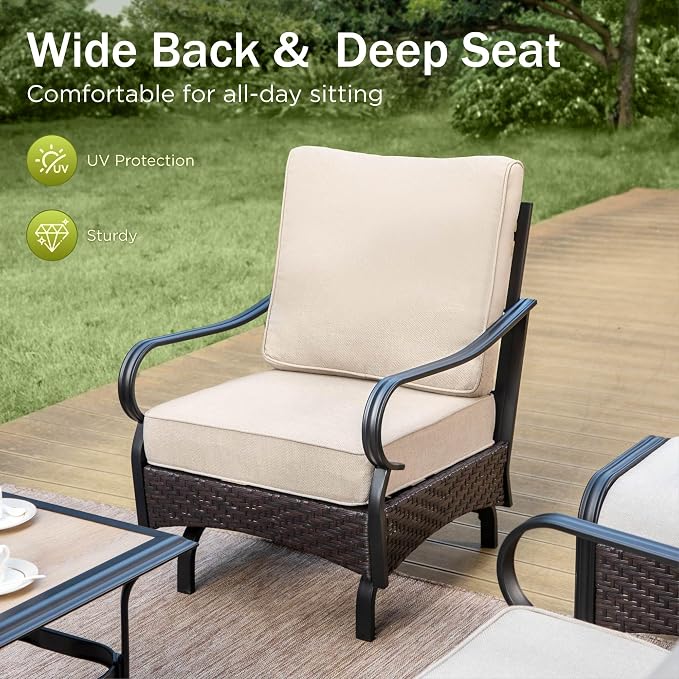 Patio Furniture Set with 32" Fire Pit Table, Patio Conversation Sets 4 Rocking Chairs with Thick Cushion and 50000 BTU Fire Pit Table (5 Pieces,Beige)
