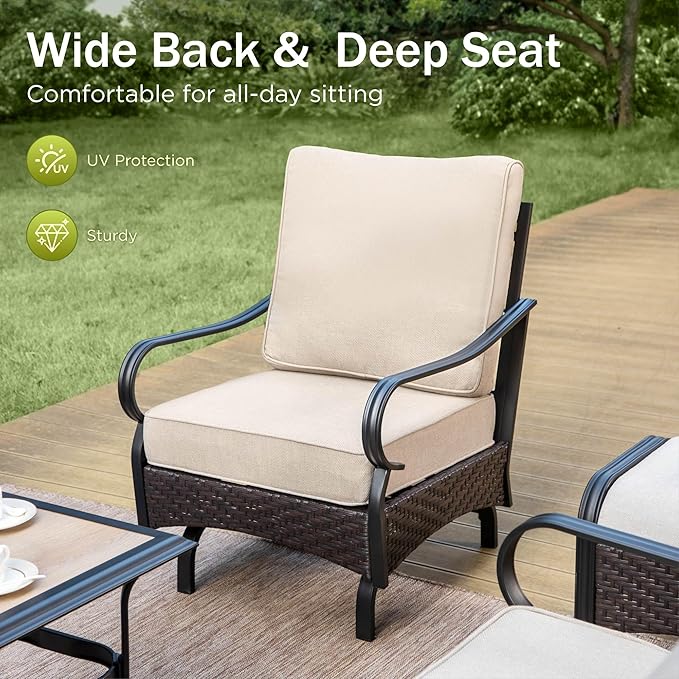 Patio Furniture Set with 56" Fire Pit Table, Premium Outdoor Wicker Metal Frame Furniture with Upgraded Waterproof Thick Cushions for Porch, Poolside, Deck, and Yard （8 Pieces,Beige）