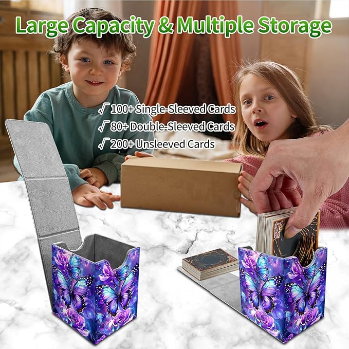 Deck Box for MTG, Cards Storage Box Fits 120+ Sleeved, Leather Medium Size Strong Magnetic Closing Card Case for Board Games Magic TCG CCG Baseball Collection, Purple Butterfly Flower