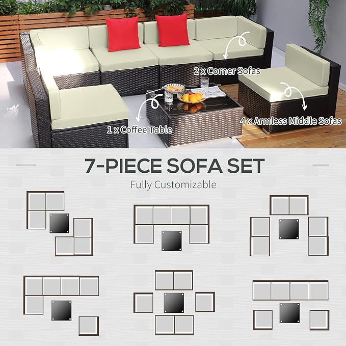 Outsunny 7 Piece Patio Furniture Set, Wicker Outdoor Sectional Sofa Set, All Weather PE Rattan Outdoor Furniture Conversation Sets with Cushions, Glass Top Coffee Table, Pillows, Cream White