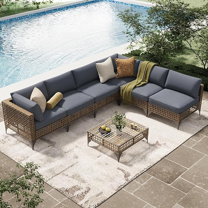 AECOJOY 7-Piece Patio Outdoor Furniture Set with Tea Table, Boho Outdoor Sectional Furniture Sofa PE Rattan Wicker Conversation Set, Dark Brown Rattan&Dark Grey Cushions