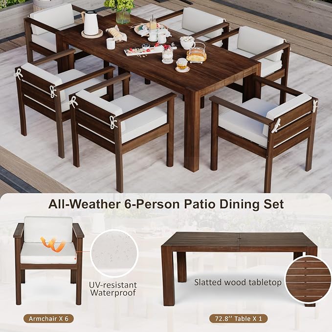 7-Piece Patio Dining Table Set for 6, Outdoor Furniture Sets with 70.8" Rectangle Table, Patio Table and Chairs Set with Removable Cushions for Backyard,Garden,Poolside (Mocha@24)