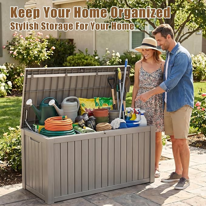 200 Gallon Outdoor Storage Box, Large Resin Deck Box, Waterproof Lockable Storage Container Bins Reinforced Stabilityfor Patio, Garden and Poolside, Grey