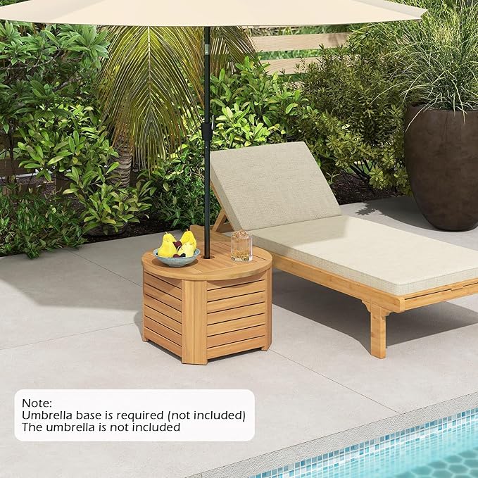 HAPPYGRILL Acacia Wood Outdoor Side Table with Umbrella Hole, Patio End Table with Storage, Removable Base, for Backyard, Balcony, Poolside