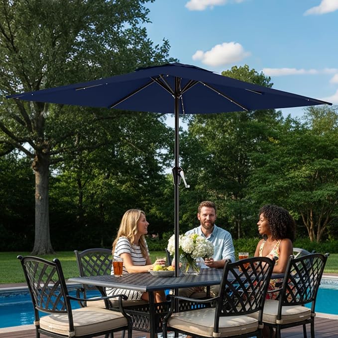 AreShark 8' X 10' Rectangular Patio Umbrella with Solar Lights, Lighted Solar Umbrella with Crank, Outdoor Table Umbrella for Garden, Deck, Backyard, Pool and Beach, Navy