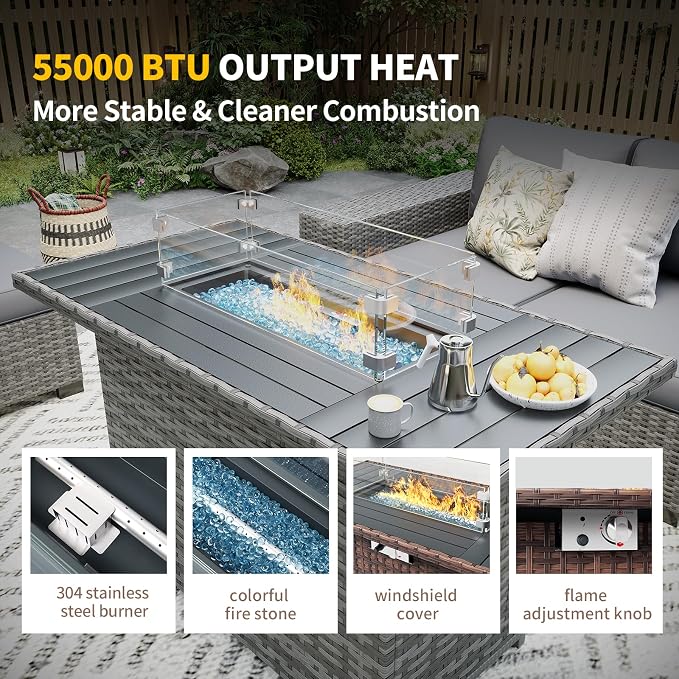 Patio Furniture with Fire Pit Table,8‘’ Wide armrest Outdoor Sectional Rattan Sofa Set, Wicker Patio Furniture Sets w/Coffee Table,Thick Cushions and Cover for Porch,Deck, 9PC (Grey&Grey)