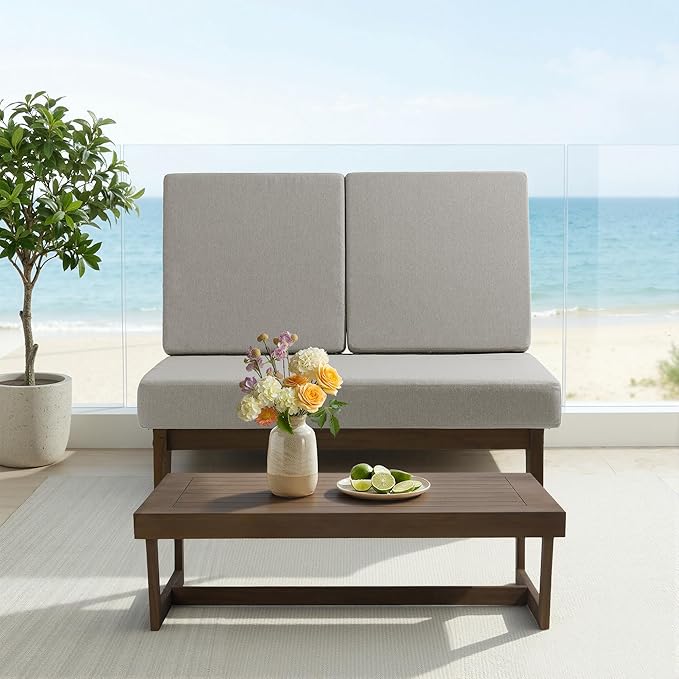 UIXE 6 Pieces All Weather Wood Patio Furniture Sets, 2 Patio Loveseat, 2 Patio Bistro Chair, Outdoor Sectional Sofa Furniture Backyard Conversation Set with Coffee Table - Light Camel