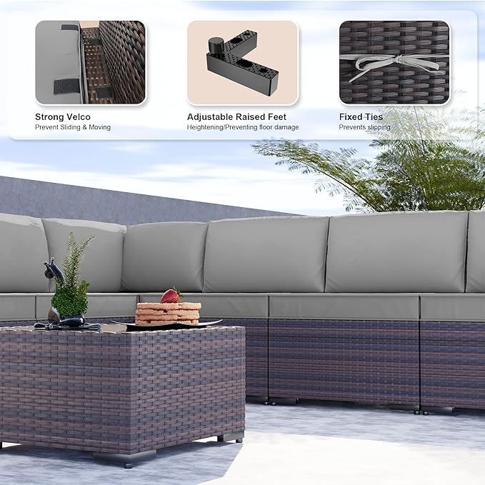 Kullavik 9 Pieces Outdoor Patio Furniture Set,Outdoor Sectional Rattan Sofa Set Brown PE Rattan Wicker Patio Conversation Set with Tempered Glass Coffee Table and Washable Cushions Covers,Grey