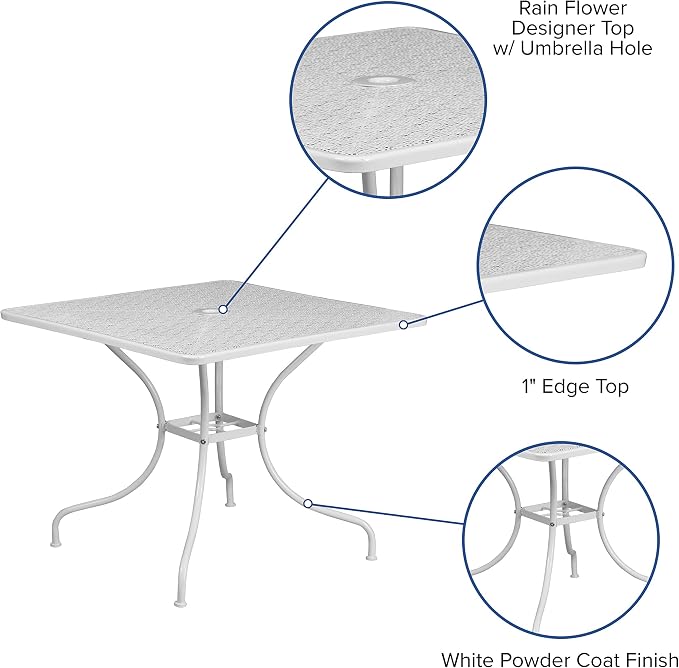 EMMA + OLIVER Commercial Grade 35.5" SQ White Indoor-Outdoor Steel Patio Table - Umbrella Hole