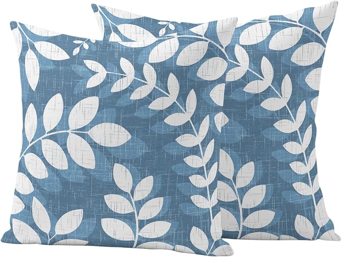 Lake Blue Leaves Outdoor Waterproof Throw Pillow Covers 26x26 Set of 2, Farmhouse Botanical Branch Vintage Boho Leaf Decorative Pillowcases Cushion Pillowcase for Couch Sofa Patio Pillow Protector