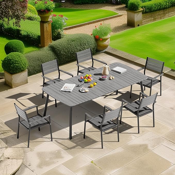 Outdoor Dining Table for 8, 82" Patio Table | Grey Rectangle Table with Aluminum Frame and Waterproof Wood Grain Tabletop for Lawn Backyard Garden Poolside