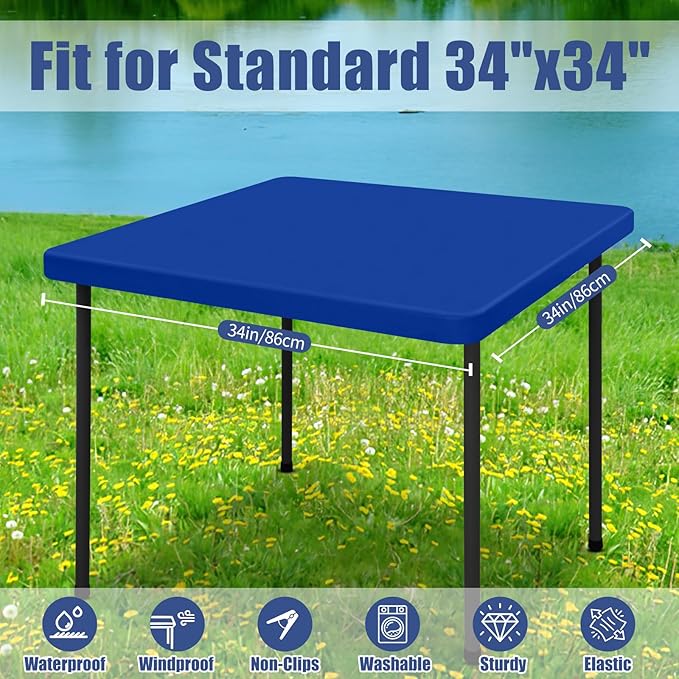 Moosfor Spandex Picnic Table Cloth 2 Pack, Elastic Fitted Tablecloths for Square Tables, Stretch Washable Patio Table Cover for Outdoor, Camping, Banquet and Parties (Blue, 34"x34")