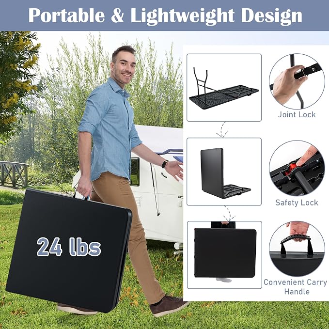 Tangkula 6 FT Folding Table, Indoor Outdoor Foldable Plastic Table with HDPE Tabletop, Sturdy Metal Fame, Carrying Handle, Heavy Duty Portable Fold-in-Half Picnic Table for Camping BBQ Party