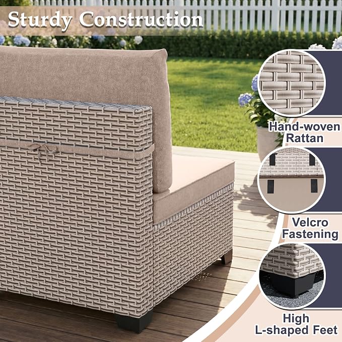 Patio Furniture Set, 18-Piece Outdoor Sectional Sofa with Swivel Rocker Chairs & Fire Pit Table, Wicker Patio Conversation Set with Coffee Table, Khaki Cushions