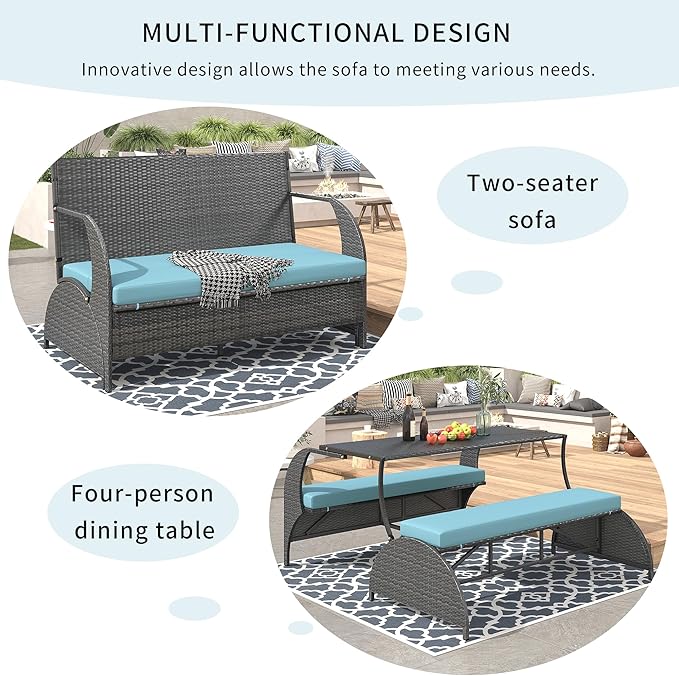 Merax Outdoor Rattan Loveseat, Patio Conversation Sets, Convertible to Four Seats with Table Sofa for Backyard, Garden and Lawn, Blue