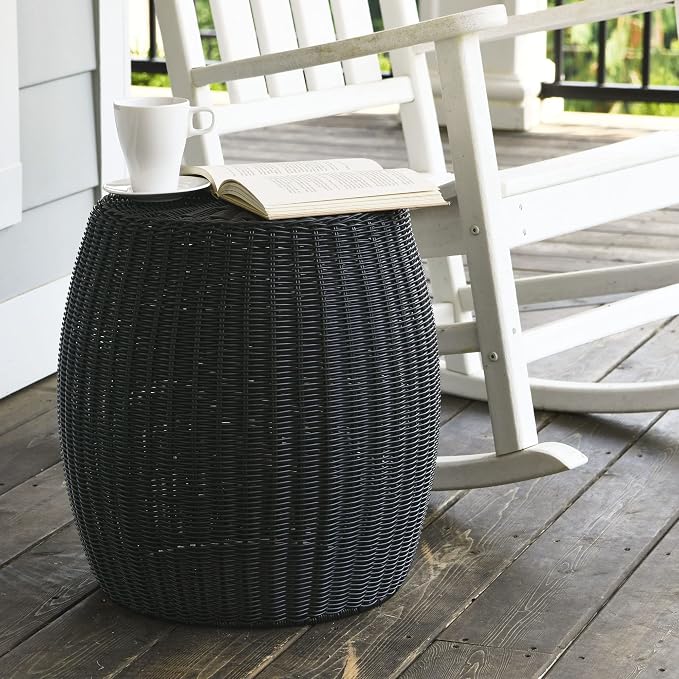 Household Essentials Round Handwoven Resin Barrel Side Table, Black Finish