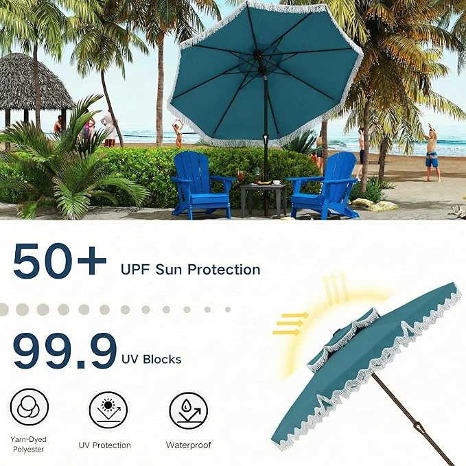 Patiokingdom 9FT Patio Umbrella with Fringe,Tassel Umbrella UPF 50+ & Push-Button Tilt,Rust-Resistant Fiberglass Frame for Pool,Garden,Backyard,Yard (Lake Blue)