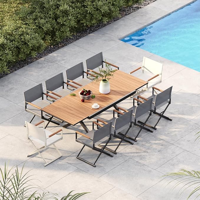Grand patio 11-Piece Outdoor Dining Set, 10 Extra-Wide Folding Chairs & 1 Rectangle Expandable Table, Sling Mesh Patio Chairs with Wood Grain Table for Yard, Poolside, Deck, 8 Gray and 2 Apricot