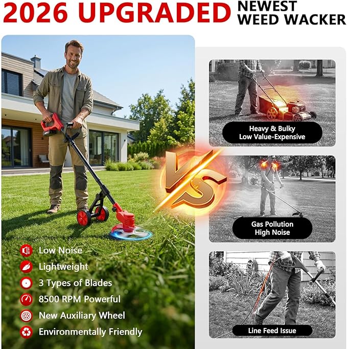 Electric Weed Wacker Cordless, 4000mAh Weed Eater Battery Powered with Wheel, 4 in 1 Grass Trimmer/Heavy Duty Brush Cutter/Lawn Edger/Weed Trimmer, No String Trimmer with Blade, 2 Battery Garden Tool