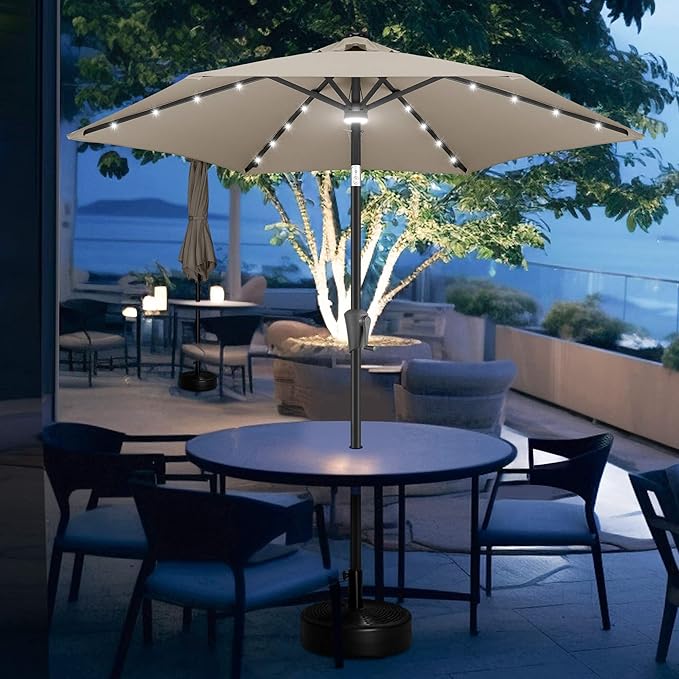 FLAME&SHADE 7.5 FT Solar Light Patio Umbrella, 24 LED Lights Outdoor Umbrella with Centre Surround Light, Table Umbrella Outdoor Patio for Deck, Pool, Backyard, Garden, UV Protection (Taupe)