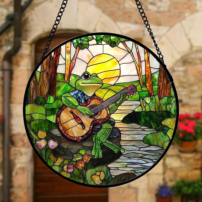 DASTOLL Stained Glass Window Hanging, Frog Playing Guitar Suncatcher Diamond Glass Panel Funny Sun Catchers Decor for Birthday for Women, Men, Wife, Aunt, and Mom 9.8 in