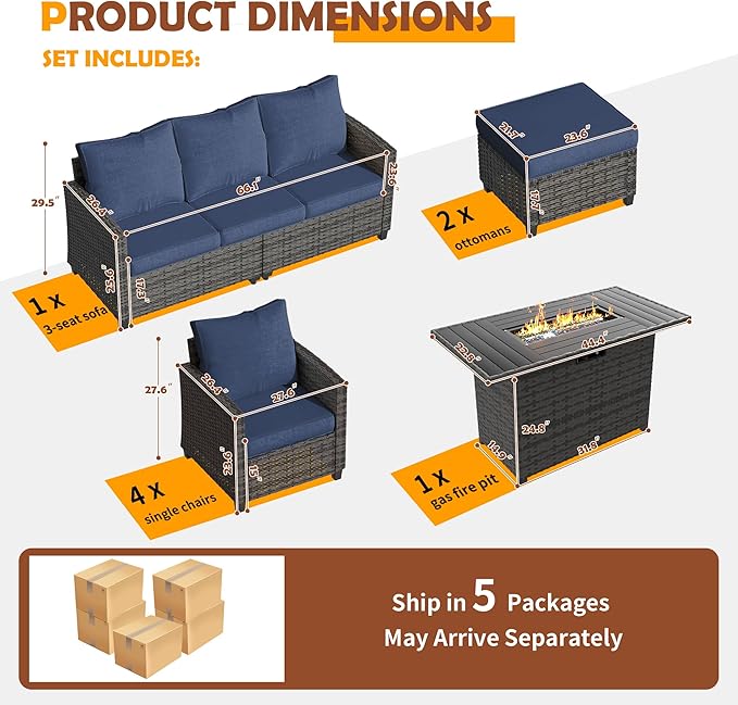 UDPATIO Outdoor Patio Furniture Set with 44" Fire Pit Table, 8 Pieces Sectional Conversation Sets, All-Weather Wicker Rattan Sofa Ottoman with 4" Thick Cushion for Garden Backyard Deck, Navy Blue
