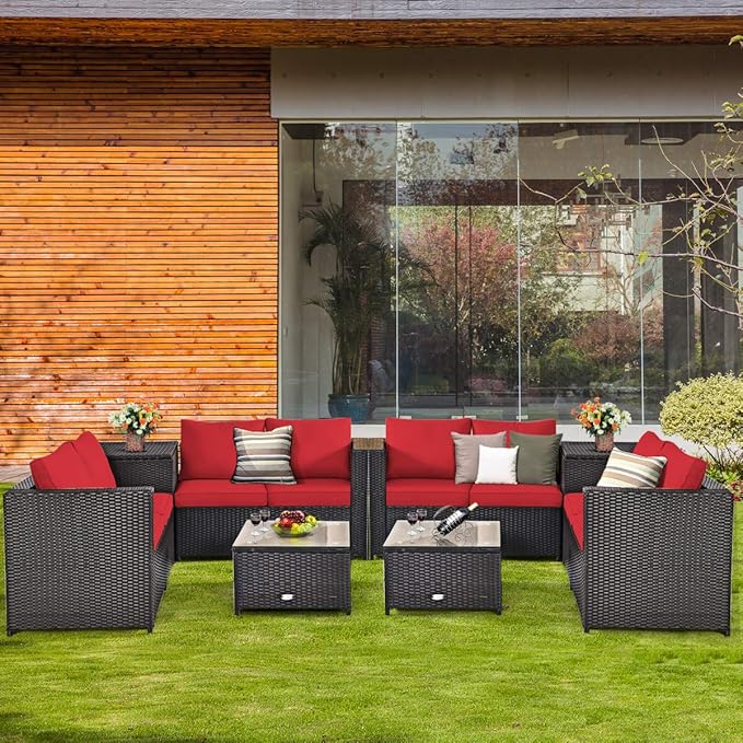 Tangkula 8 Piece Wicker Patio Set with Storage, All Weather-Proof Outdoor Conversation Set, with Loveseat, Glass Top Coffee Table & Storage Box, Suitable for Garden, Poolside, Sunroom (2, Red)
