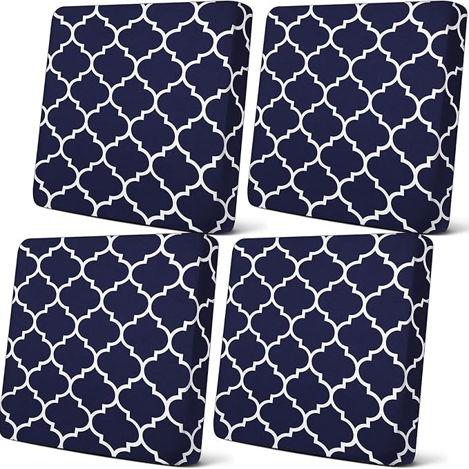 Newwiee 4 Pcs Waterproof Outdoor Cushion Covers for Patio Furniture Stretch Outdoor Couch Cushion Covers Replacement Moroccan Pattern Chair Seat Sofa Slipcovers Soft Flexibility Protector(Navy Blue)