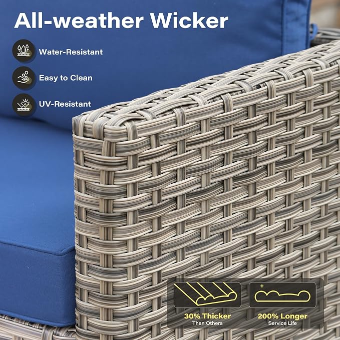 11 Pieces Outdoor Sectional Patio Furniture Set with 54" Fire Pit,Wicker Conversation Sets Rattan L Shaped Couch Swivel Rocking Chairs,Modular Outdoor Sofa for Porch Balcony Backyard Navy Blue