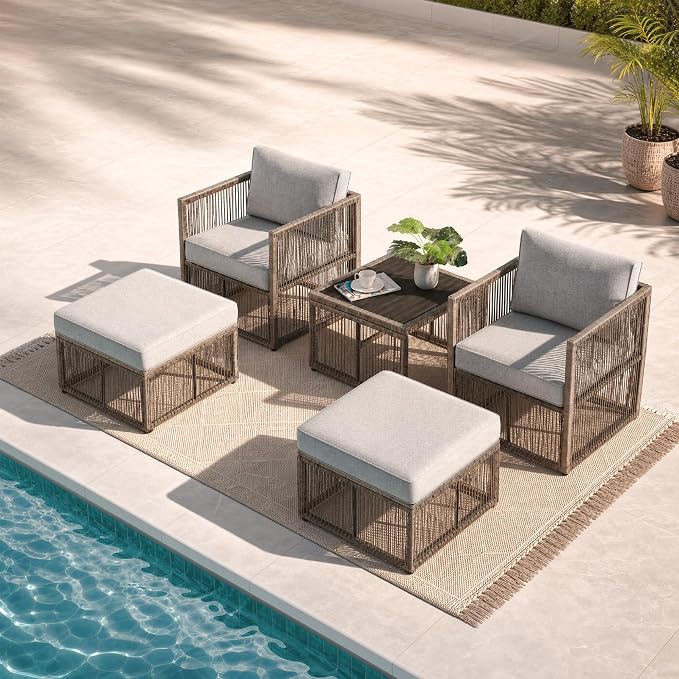 5 Piece Patio Furniture Set, Outdoor Sectional Sofa Set with 2 Ottomans, Coffee Table, Washable Cushions, All Weather Patio Wicker Conversation Set with Arm Chairs for Backyard, Porch, Balcony, Deck