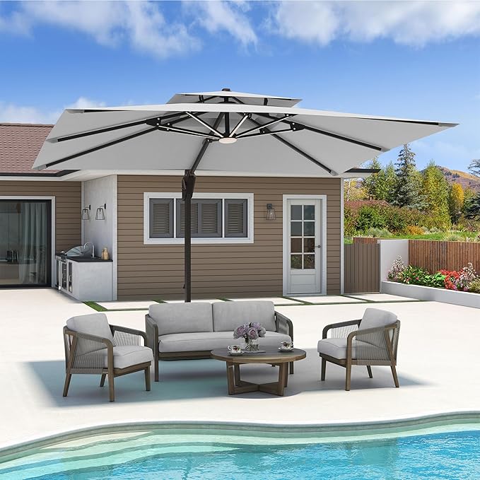 10x13 FT Cantilever Patio Umbrella with Base and Led Lights Double Top Outdoor Rectangular Large Heavy Duty Aluminum Offset Umbrellas with 7 Level Tilt 360-degree Rotation for Pool Garden Deck, Fog Grey