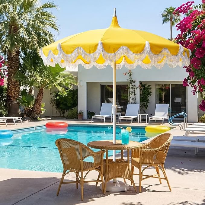 7.5ft Pagoda Patio Umbrella with Fringe, UPF50+ Tassel Umbrella with Crank & Fiberglass Ribs, Holiday Outdoor Umbrella for Garden Pool Lawn Yard Table
