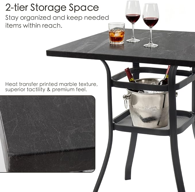 Kozyard Outdoor Bar Height Table with Realistic Marble Texture Top, 36" Square Patio Pub with 2-Tier Storage Shelves, All-Weather Metal High Top Bistro Table for Backyard, Balcony, Poolside