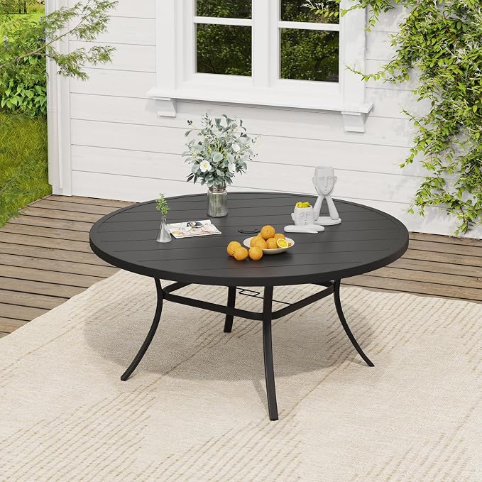 VICLLAX Round Outdoor Dining Set, Patio Table and Chairs Set Set of 10 Patio Stackable Chairs and 63" Outdoor Round Table with Umbrella Hole for Backyard Lawn Garden, Brown Chairs and Black Table